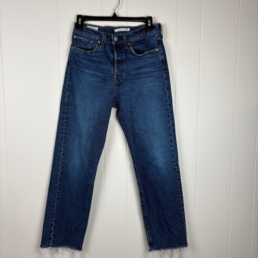 Levis Premium Wedgie Straight Jeans Dark Wash Raw Hem Button Fly Womens 27